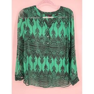 Sara‎ Michelle Paisley Blouse Sheer Long Sleeve Button Green Black PXL